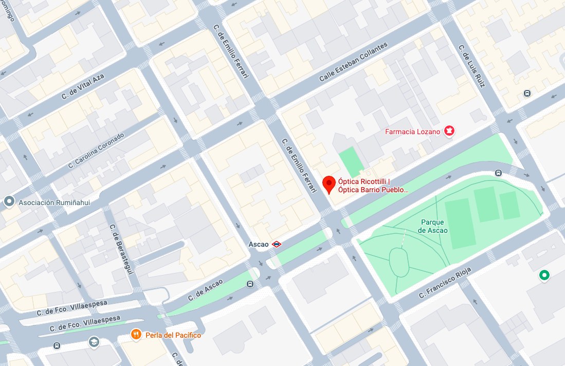 Mapa de localización de Óptica Ricottilli en Pueblo Nuevo, Madrid — junto al metro Ascao (L7)